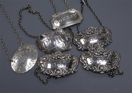 A 19th century silver Port wine label and five modern silver wine labels, including a set of three.